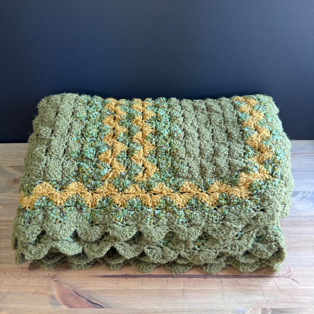 Vintage 70's Handmade Crochet Knot Afghan Green Goldenrod Retro Blanket